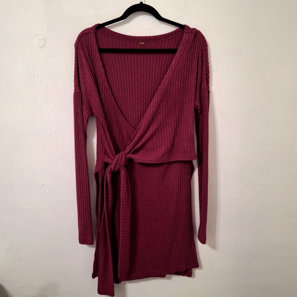 Free People "Fall For You" Ribbed Knit Wrap Tunic Maroon Med. Peasant Boho Chic